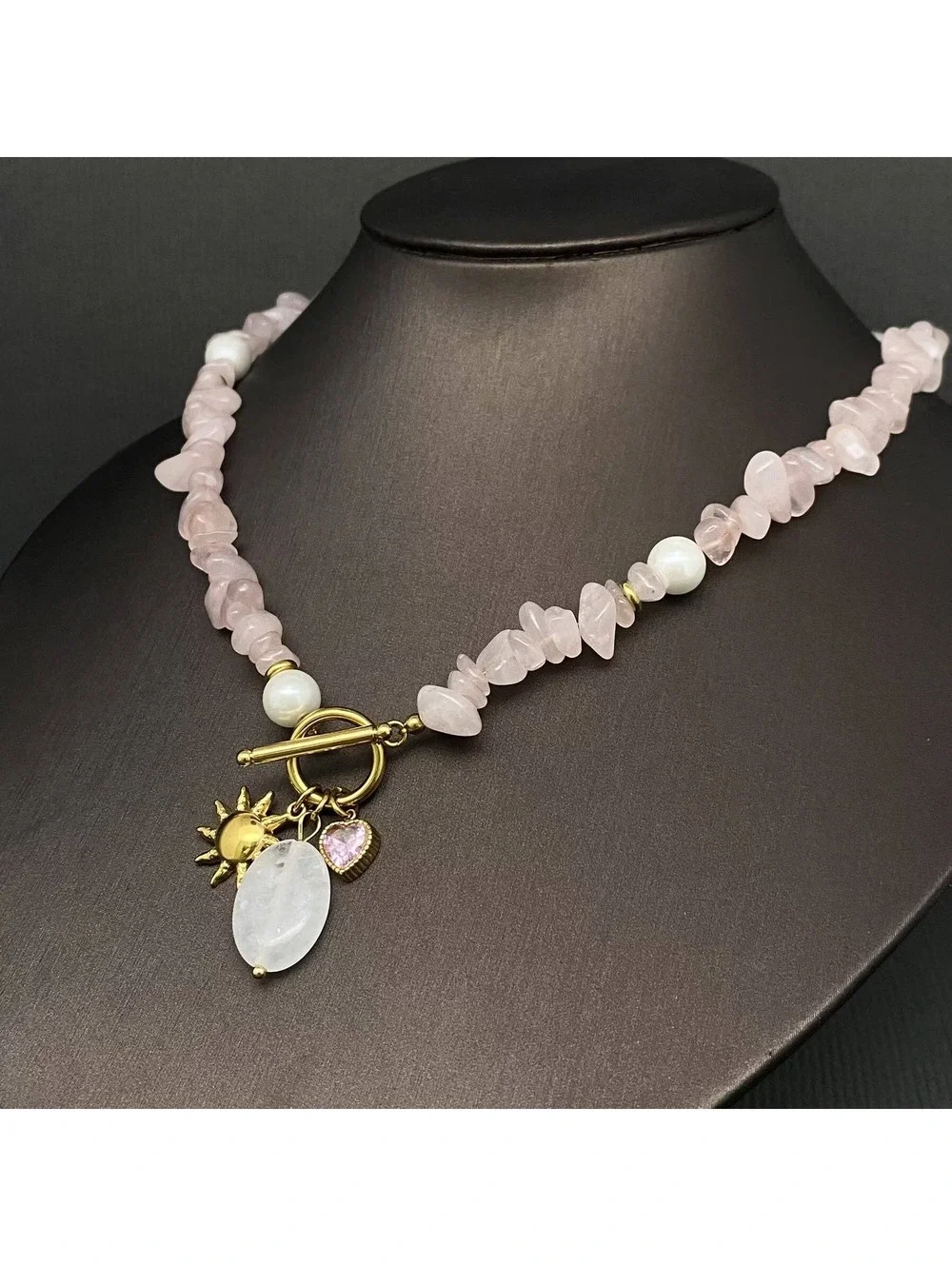 Rose Quartz Chip Necklace with Sun and Heart Charms